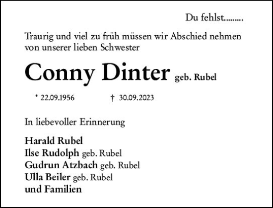 Traueranzeige von Conny Dinter von Wiesbadener Kurier