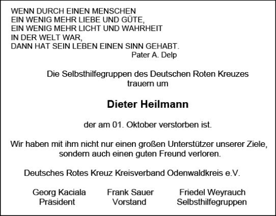 Traueranzeige von Dieter Heilmann von Odenwälder Echo