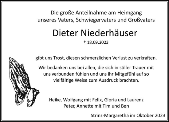 Traueranzeige von Dieter Niederhäuser von Wiesbadener Kurier