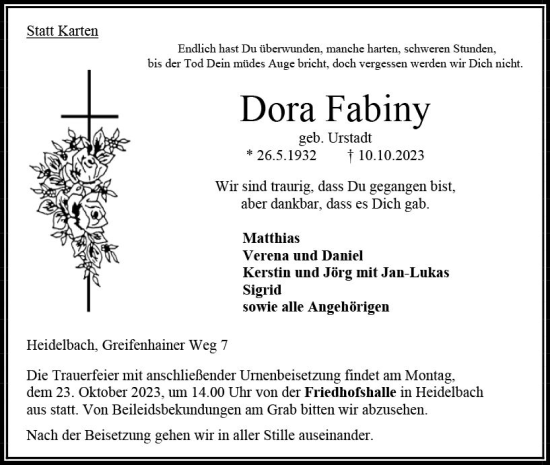 Traueranzeige von Dora Fabiny von VRM Trauer