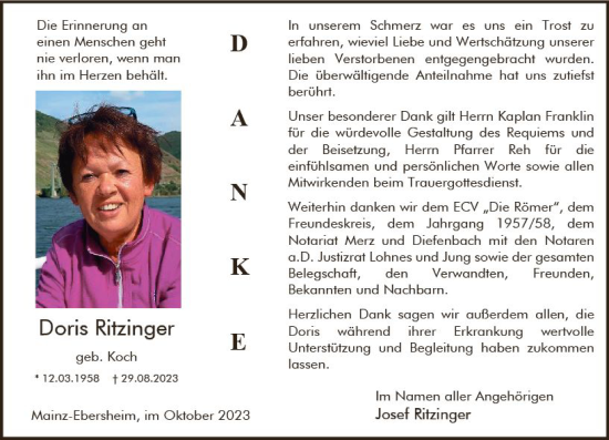 Traueranzeige von Doris Ritzinger von Allgemeine Zeitung Mainz