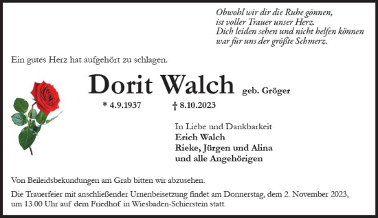 Traueranzeige von Dorit Walch von Wiesbadener Kurier