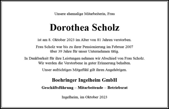 Traueranzeige von Dorothea Scholz von Allgemeine Zeitung Bingen/Ingelheim