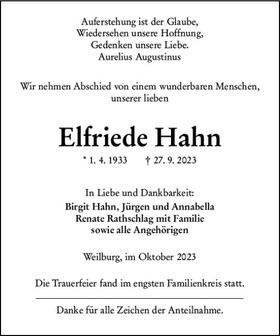 Traueranzeige von Elfriede Hahn von Weilburger Tageblatt