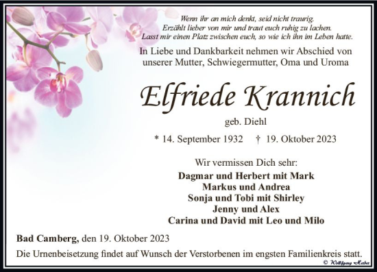 Traueranzeige von Elfriede Krannich von Camberger Anzeiger