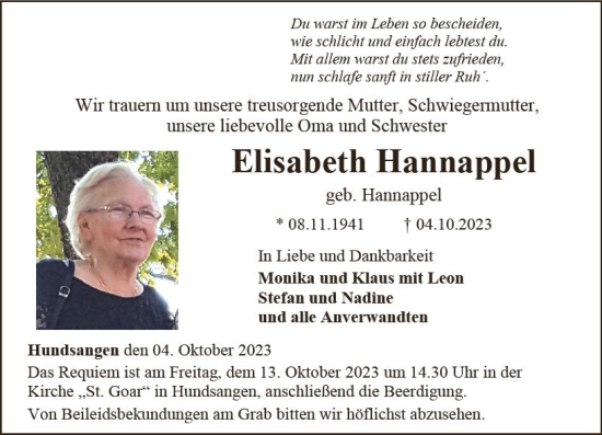 Traueranzeige von Elisabeth Hannappel von Nassauische Neue Presse