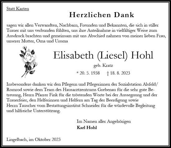 Traueranzeige von Elisabeth Hohl von Oberhessen Kurier