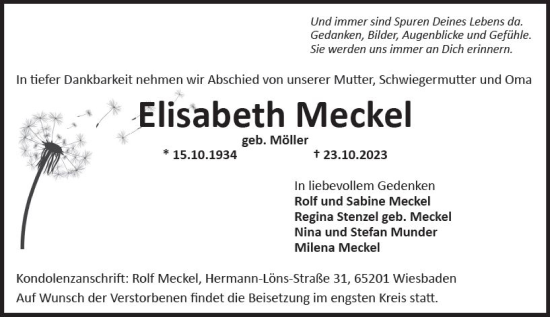 Traueranzeige von Elisabeth Meckel von Wiesbadener Kurier