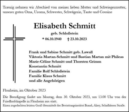 Traueranzeige von Elisabeth Schmitt von Allgemeine Zeitung Alzey