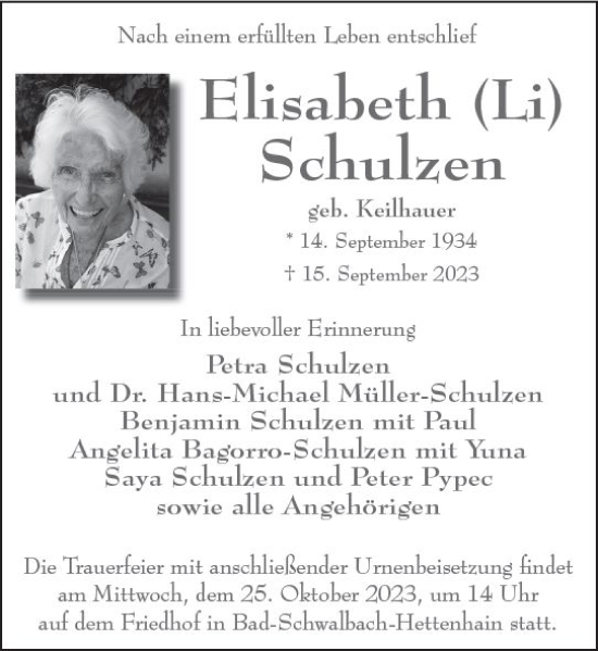 Traueranzeige von Elisabeth Schulzen von Wiesbadener Kurier