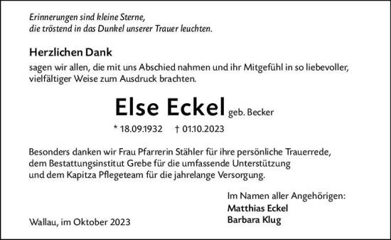 Traueranzeige von Else Eckel von Hinterländer Anzeiger