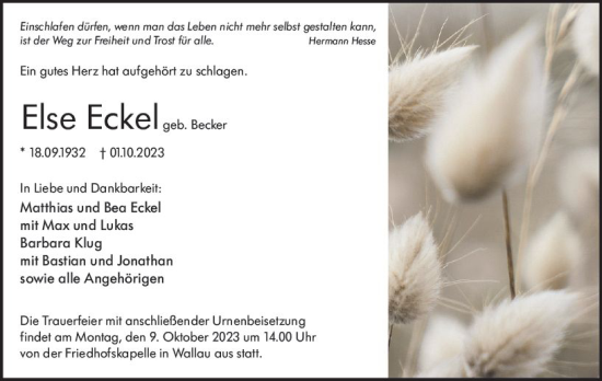 Traueranzeige von Else Eckel von Hinterländer Anzeiger