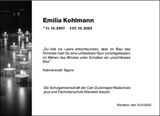 Traueranzeige von Emilia Kohlmann von Allgemeine Zeitung Mainz