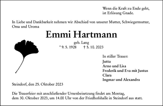 Traueranzeige von Emmi Hartmann von Wetzlarer Neue Zeitung