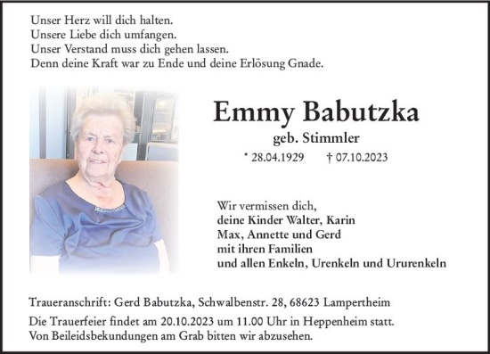 Traueranzeige von Emmy Babutzka von Starkenburger Echo