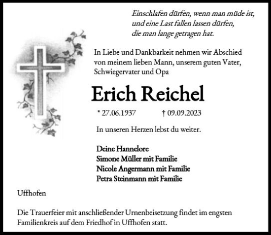 Traueranzeige von Erich Reichel von Allgemeine Zeitung Alzey