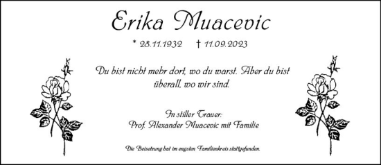 Traueranzeige von Erika Muacevic von Allgemeine Zeitung Bingen/Ingelheim