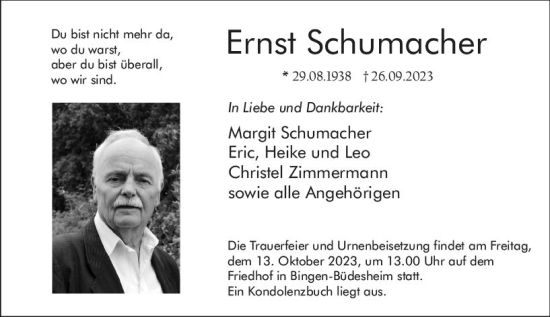 Traueranzeige von Ernst Schumacher von Bingen/Ingelheim WOBL inkl. Neue Binger Ztg.