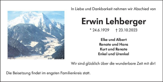 Traueranzeige von Erwin Lehberger von Hinterländer Anzeiger