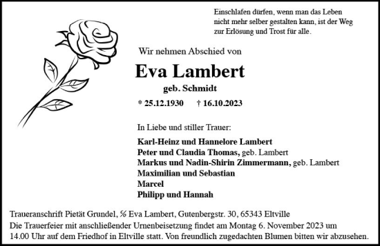 Traueranzeige von Eva Lambert von Rheingau Kurier