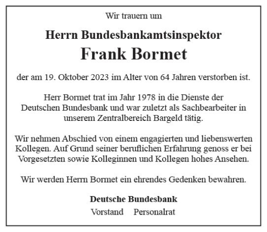 Traueranzeige von Frank Bormet von Nassauische Neue Presse