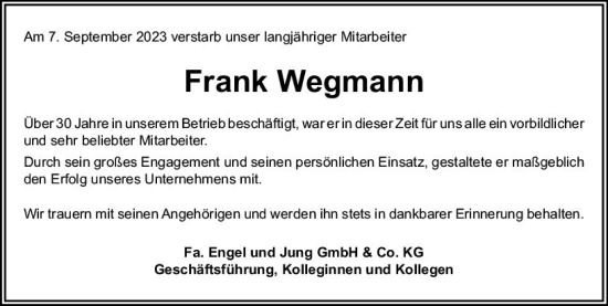 Traueranzeige von Frank Wegmann von Wetzlarer Neue Zeitung