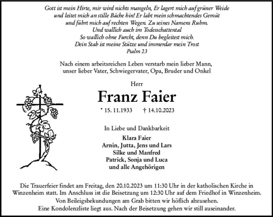 Traueranzeige von Franz Faier von Allgemeine Zeitung Bad Kreuznach