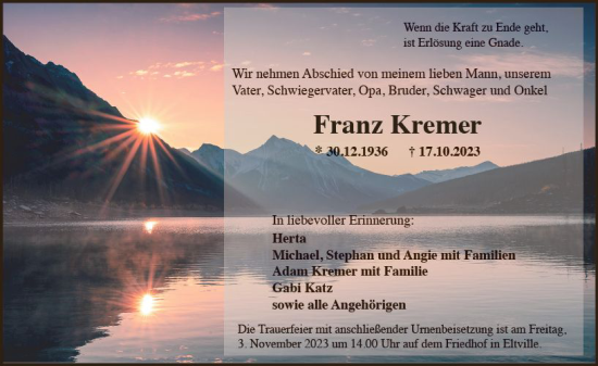 Traueranzeige von Franz Kremer von Rheingau Kurier