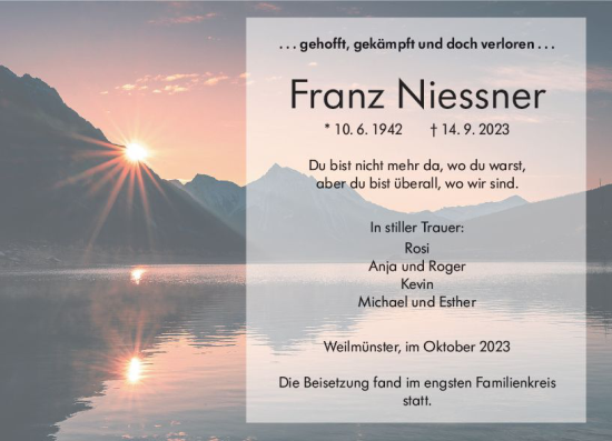 Traueranzeige von Franz Niessner von Weilburger Tageblatt