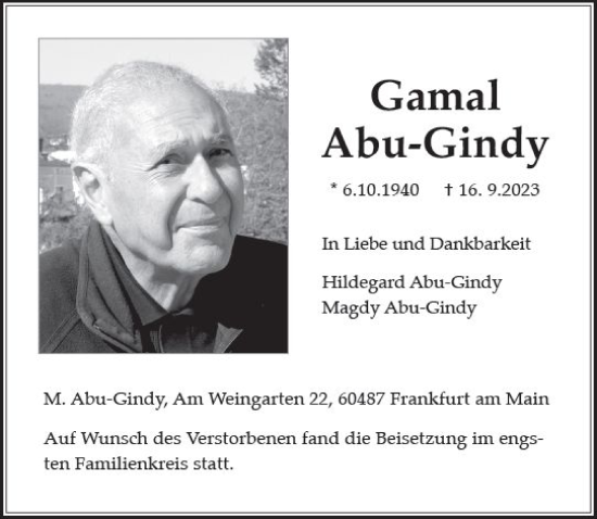 Traueranzeige von Gamal Abu-Gindy von Wiesbadener Kurier
