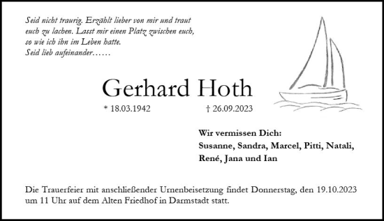 Traueranzeige von Gerhard Hoth von Darmstädter Echo