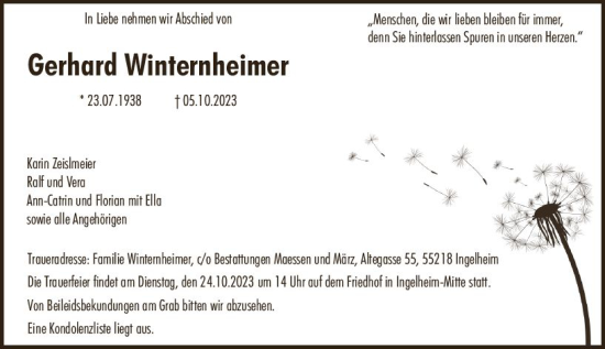 Traueranzeige von Gerhard Winternheimer von Allgemeine Zeitung Bingen/Ingelheim