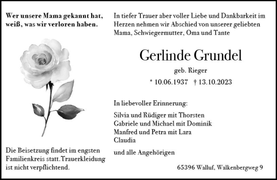 Traueranzeige von Gerlinde Grundel von Rheingau Kurier