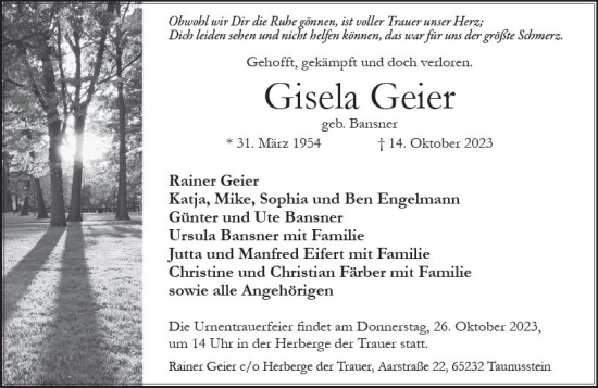 Traueranzeige von Gisela Geier von Wiesbadener Kurier