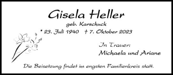 Traueranzeige von Gisela Heller von Wiesbadener Kurier