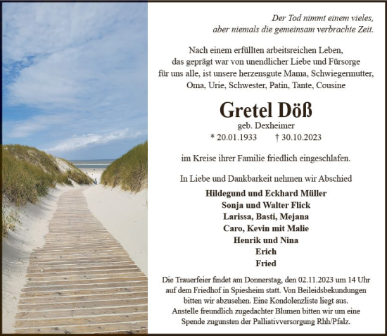 Traueranzeige von Gretel Döß von Allgemeine Zeitung Alzey