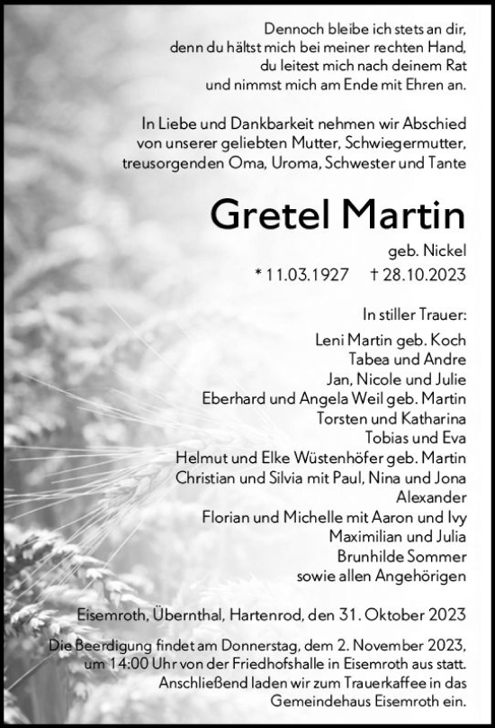 Traueranzeige von Gretel Martin von Dill Block