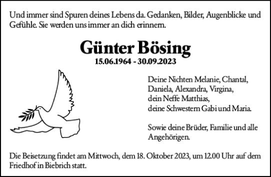 Traueranzeige von Günter Bösing von Wiesbadener Kurier