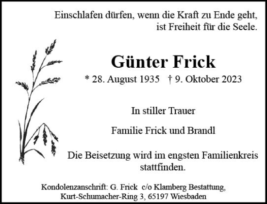 Traueranzeige von Günter Frick von Wiesbadener Kurier
