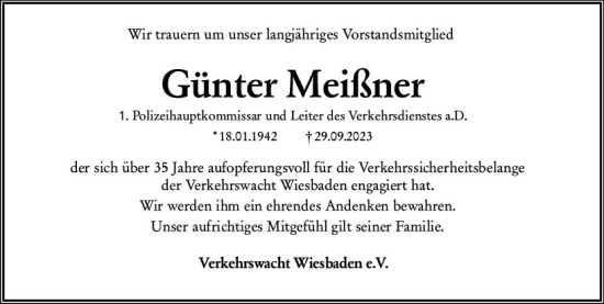 Traueranzeige von Günter Meißner von Wiesbadener Kurier