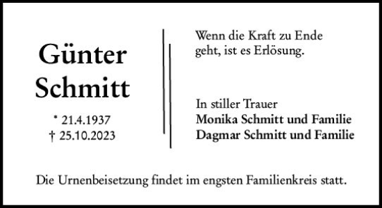 Traueranzeige von Günter Schmitt von Wormser Zeitung Traueranzeige von Günter Schmitt von Wormser Zeitung