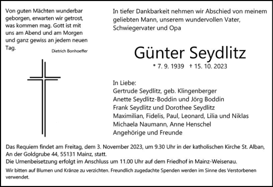 Traueranzeige von Günter Seydlitz von Allgemeine Zeitung Mainz