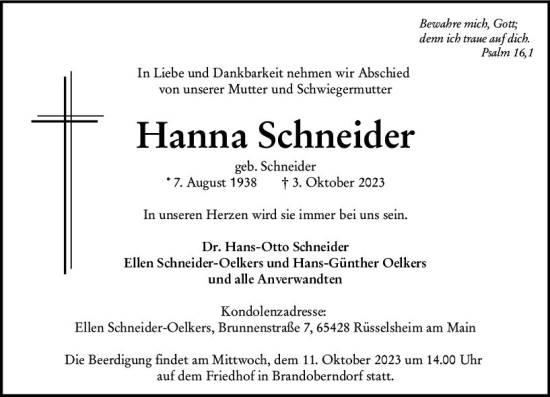 Traueranzeige von Hanna Schneider von Wetzlarer Neue Zeitung
