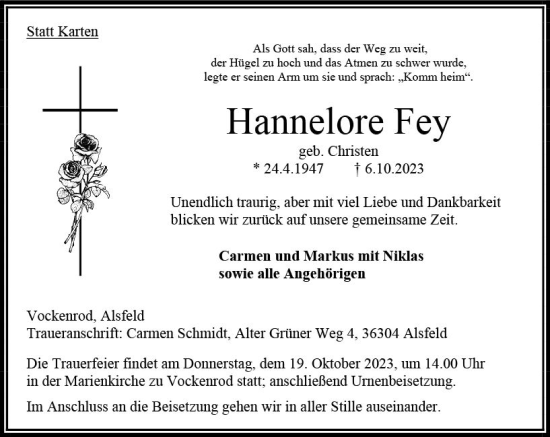 Traueranzeige von Hannelore Fey von VRM Trauer