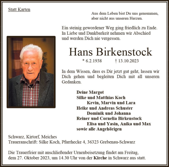 Traueranzeige von Hans Birkenstock von Oberhessen Kurier