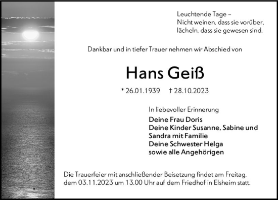 Traueranzeige von Hans Geiß von Allgemeine Zeitung Mainz