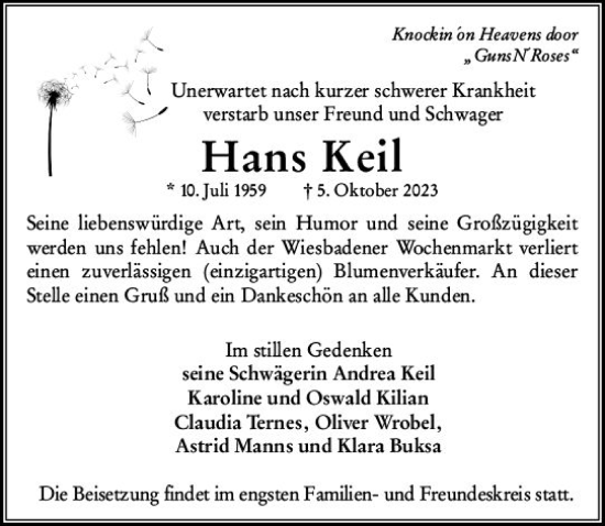 Traueranzeige von Hans Keil von Wiesbadener Kurier