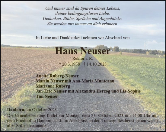 Traueranzeige von Hans Neuser von Nassauische Neue Presse