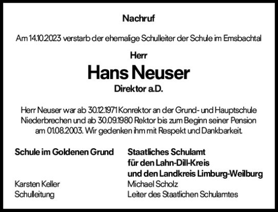 Traueranzeige von Hans Neuser von Nassauische Neue Presse