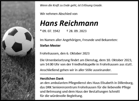 Traueranzeige von Hans Reichmann von Dill Block
